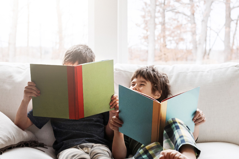 Two brothers reading books while relaxing together on the sofa at home.
